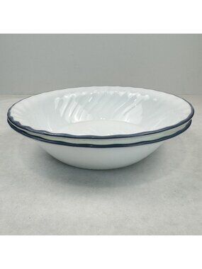 Corelle Corning White Swirl Rimmed Soup Cereal Bowls Set Of 2 Blue Trim 7.25"